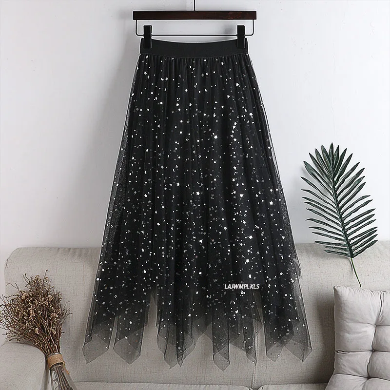 High Quality Plus Size Elastic High Waist Long Tulle Skirt 2021 Summer Women Fashion Star Sequined Irregular Hem Mesh Tutu Skirt