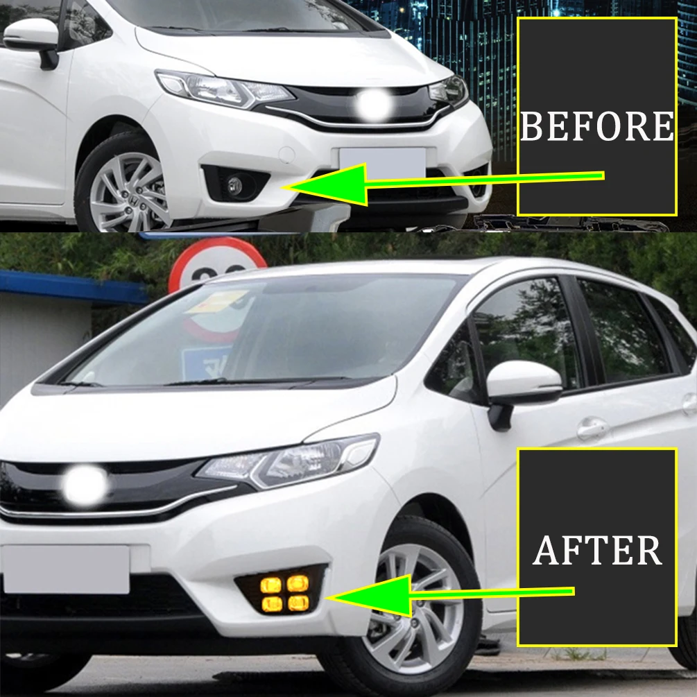 2Pieces Car DRL LED Daytime Running Lights with Turn Signal Yellow Style 12V LED Day Driving Lights For Honda Fit 2014 2015 2016