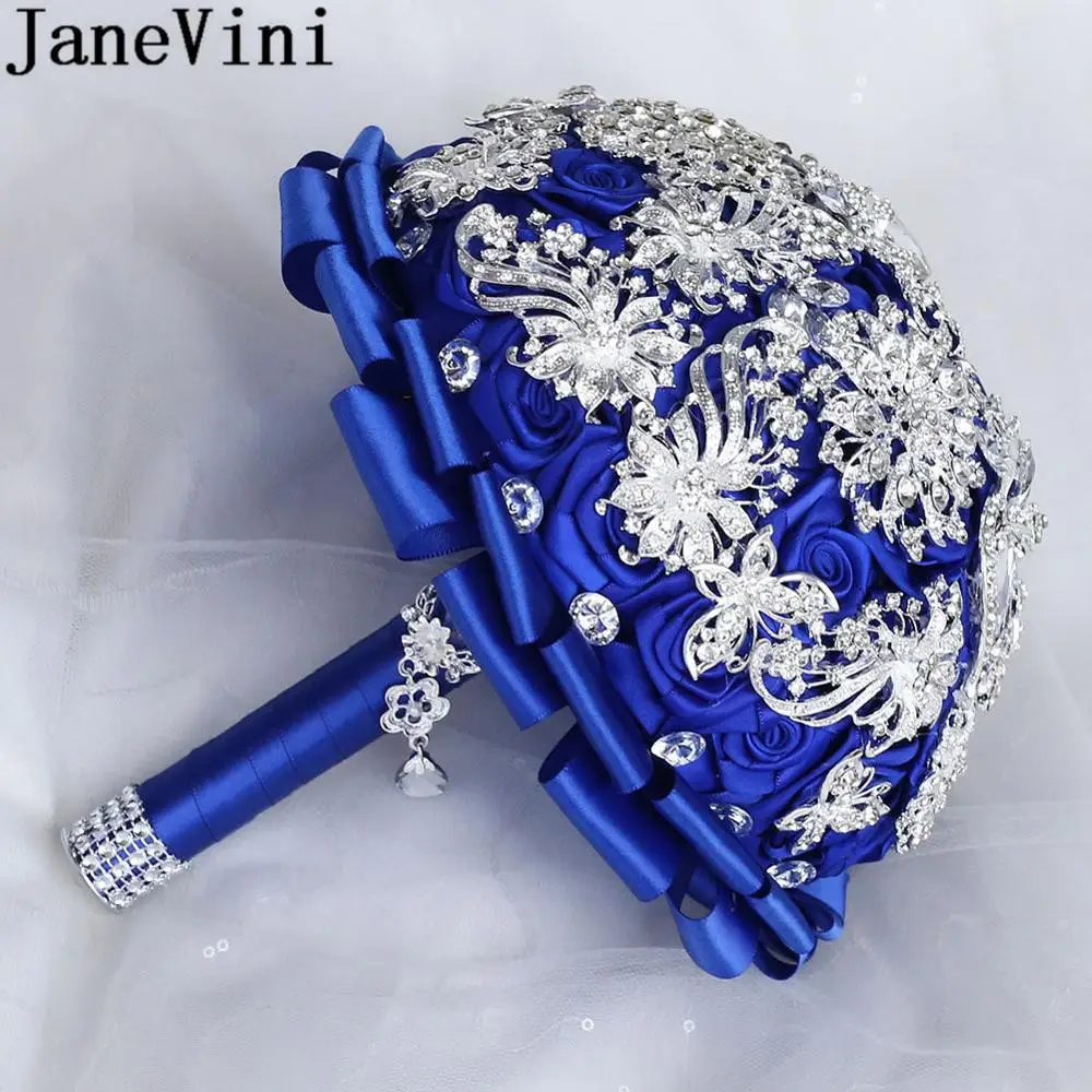 JaneVini-ramo de novia con cristales de plata Blingbling, rosa azul real, flores de boda, broche de novia con cuentas de diamantes de lujo, joyería