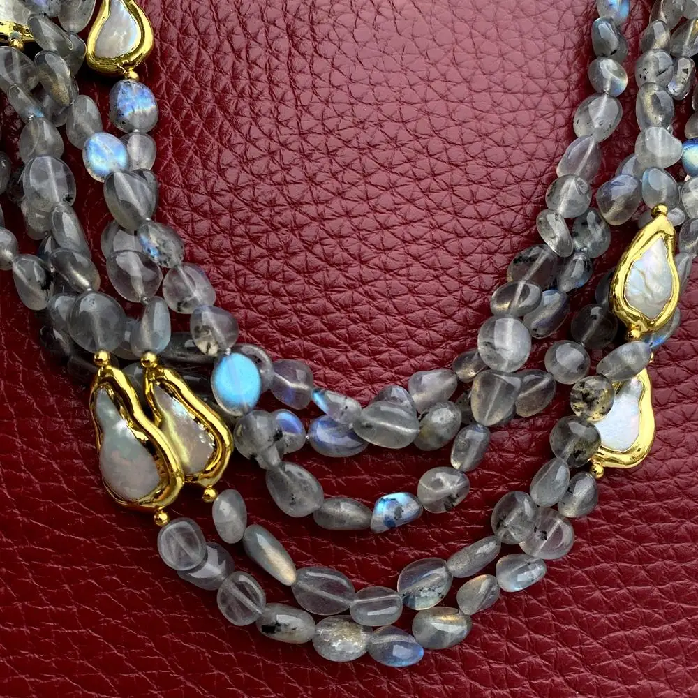 Y·YING 5 Rows Natural Gray Labradorites nugget Cultured White Teardrop Pearl Necklace Female Jewelry 24