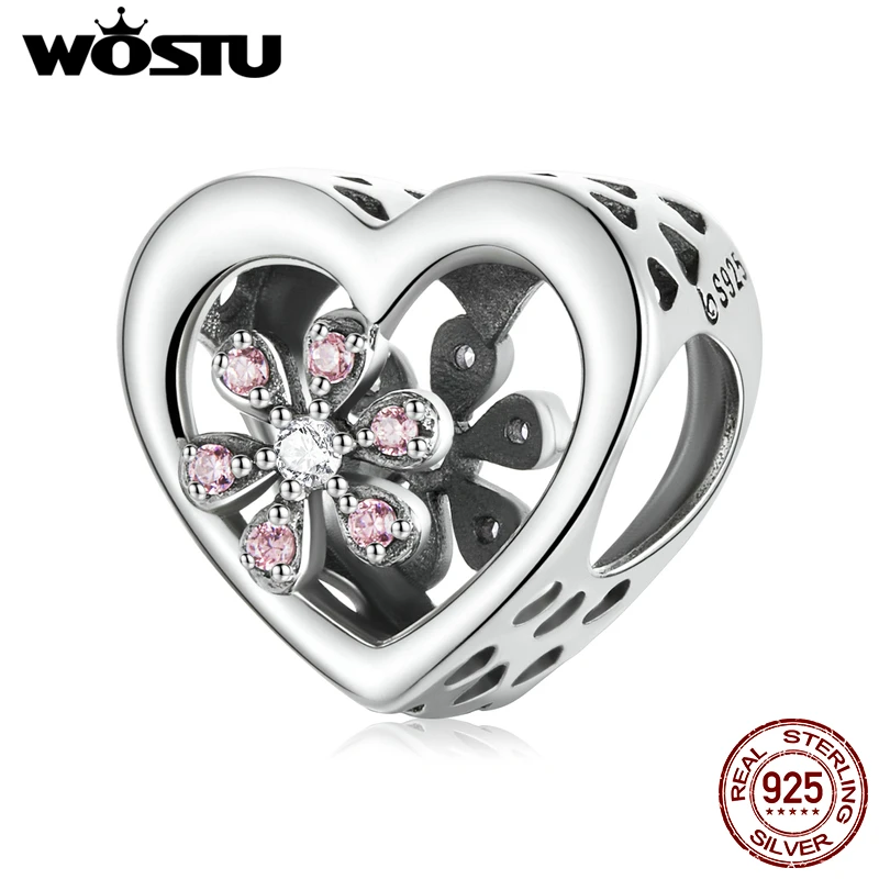 

WOSTU Genuine 925 Sterling Silver Heart Flowers Sakura Love Beads Charm Pendant Fit Bracelet Women Party DIY Fine Jewelry Gift