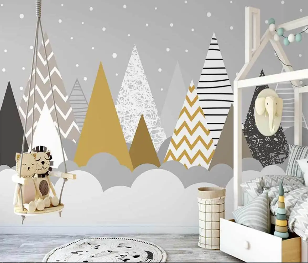 Custom size wallpaper hand drawn geometric mountain peak hot air balloon wallpaper home decoration children's room cartoon mural