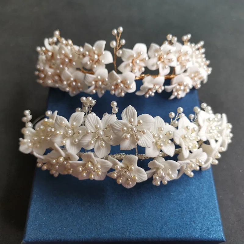 SLBRIDAL Handgemachte Kristall Strass Perlen Keramik Blume Braut Tiara Hochzeit Brautjungfern Party Krone Frauen Mädchen Haar Schmuck – Detail 21