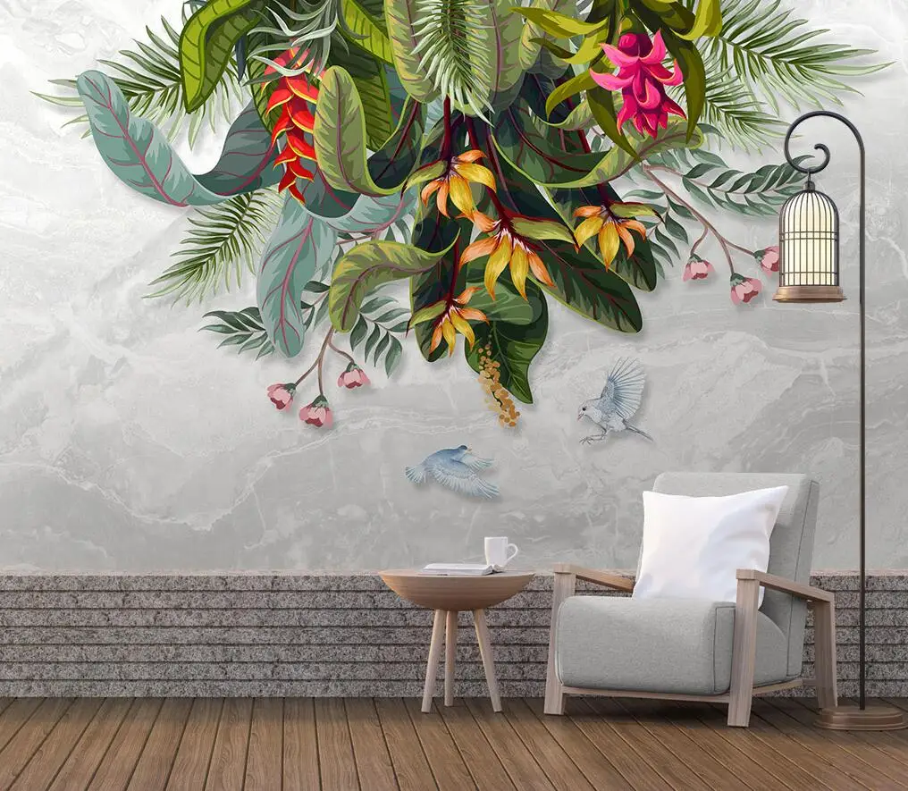 Custom wallpaper Nordic Hand painted flowers and birds tropical plants marble TV sofa background wall papers home decor