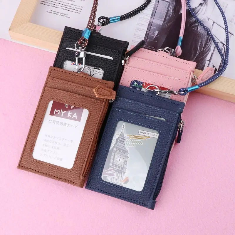 

Unisex New Business Card Holder Men Wallet PU Leather ID Cards Holders Case Neck Strap Lanyard Ladies Fashion Mini Slim Wallets