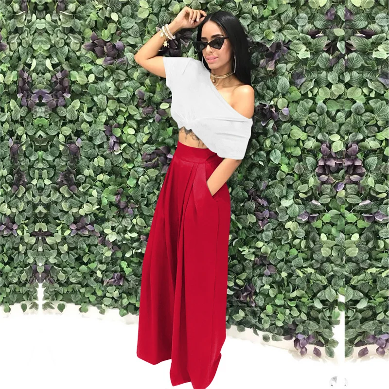 Women Casual Loose Palazzo Pants Autumn High Waisted Wide Leg Trousers Pleated Long Culottes Pants Elastic Waist Trouser Pockets