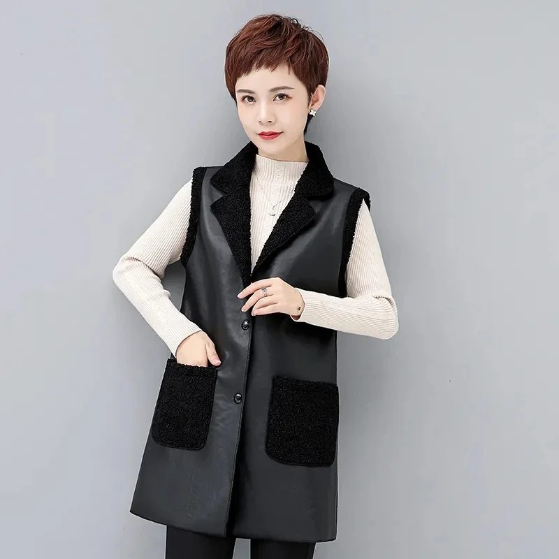 Female Two-sided Wear Mid-length PU Leather Waistcoat Fur One-piece Waistcoat Autumn Winter Women New Lambs wool Vest JacketA858