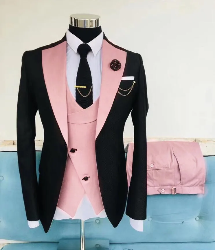 2023 Latest design Classic Custom pink with black wedding suit for men suits slim fit groom best man party tuxedo 3 piece Blazer