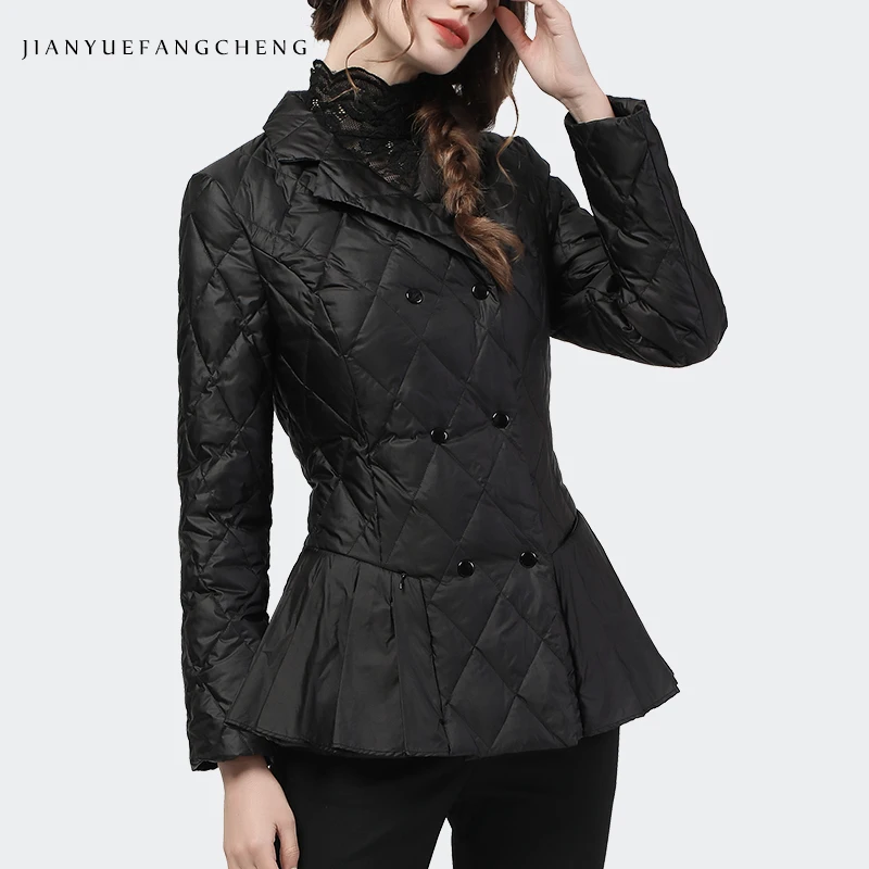 Chaqueta de plumón con celosía de diamante para mujer, abrigo de doble botonadura, Parkas delgadas de talla grande, elegante, a la moda, Invierno