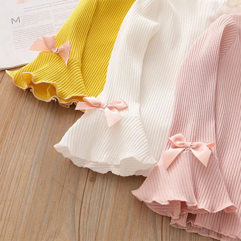 2021 Spring Autumn 2 3 4-10 Years Children\'S Sweet Long Sleeve Tees Top Flared Sleeves Bowknot Basic T-Shirt For Kids Baby Girls