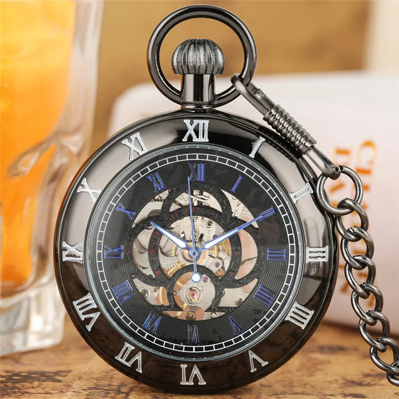 Classic Carving Roman Numerals Design Mechanical Hand-Winding Pocket Watch for Men Women Pendant Chain Clock Gift