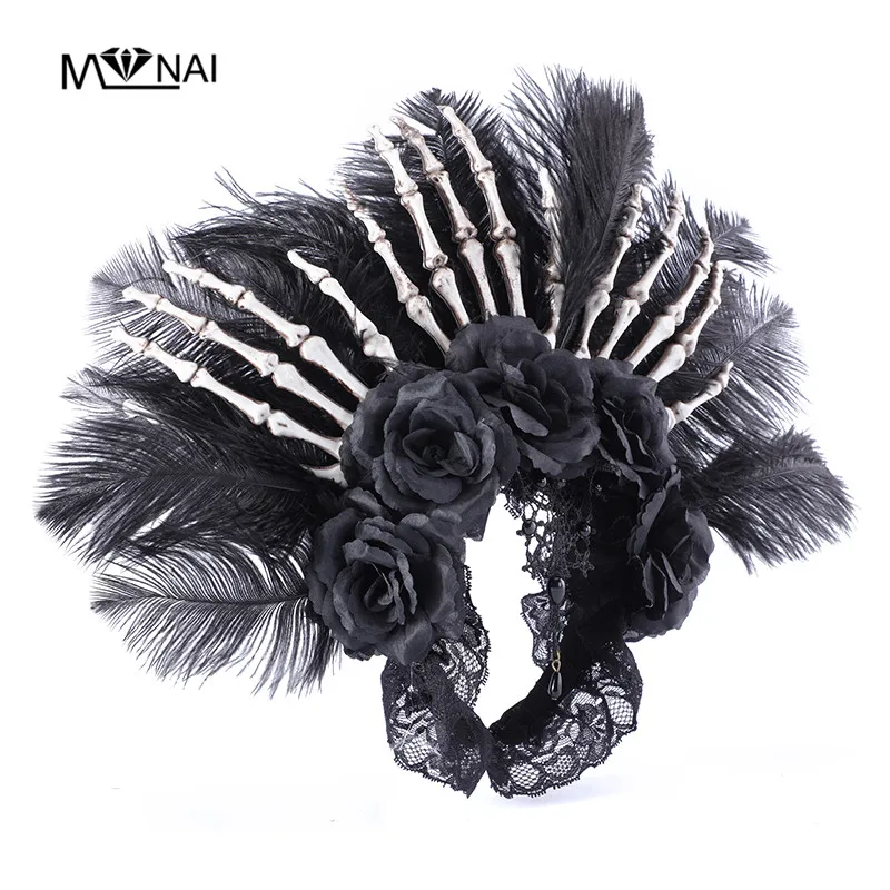 

Steam Punk Retro Black Roses Feathers Hairband Gothic Skeleton Hands Headband For Halloween Party Masquerade