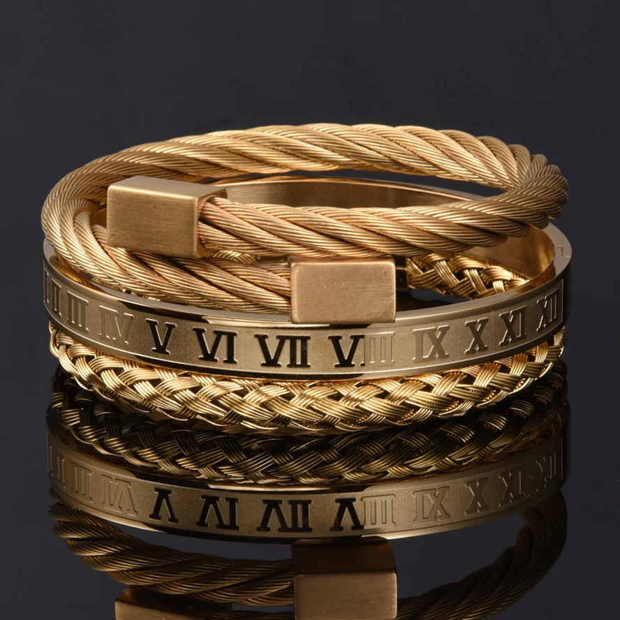 Luxury Roman Number Charm Woven Stainless Steel Bracelet Hip Hop Men Jewelry Gold Color Jewelry For  Men Pulseira Bileklik image 3