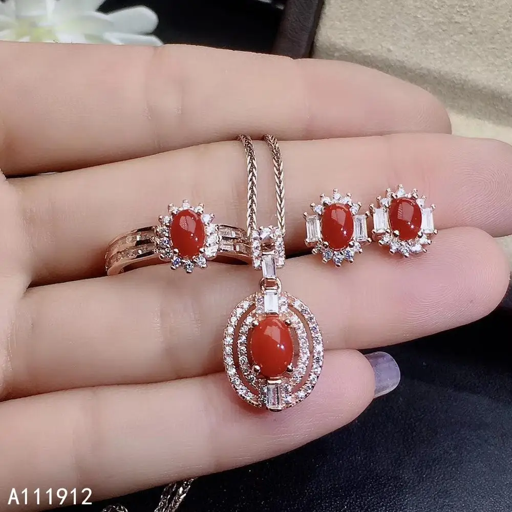 

KJJEAXCMY fine jewelry natural red coral 925 sterling silver women pendant necklace earrings ring set support test exquisite