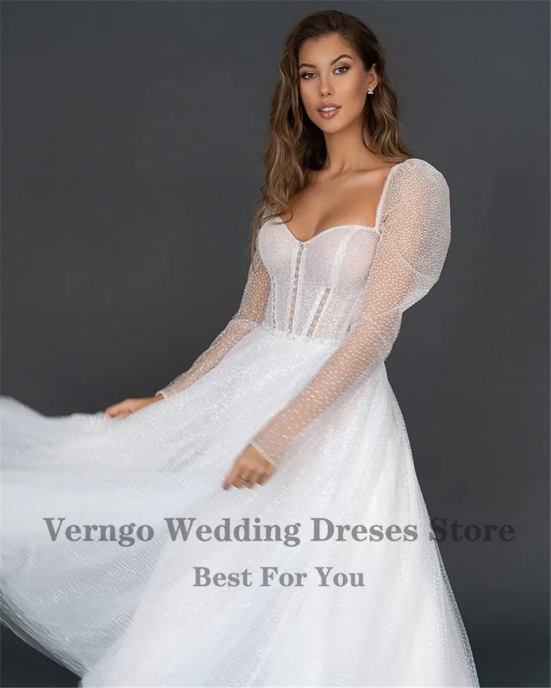 Verngo Shimmer Dotted A Line Wedding Dresses Long Seeves Sweetheart Ankle Length Bridal Dress Informal Party Wear Gowns