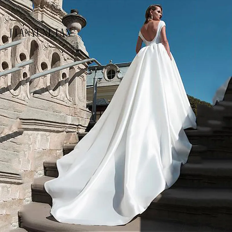 Áo Váy Có Túi 2022 Đầm Vestido De Novia Satin Nắp Trắng Tay Cô Dâu Đồ Bầu Tầng Chiều Dài Váy Cưới