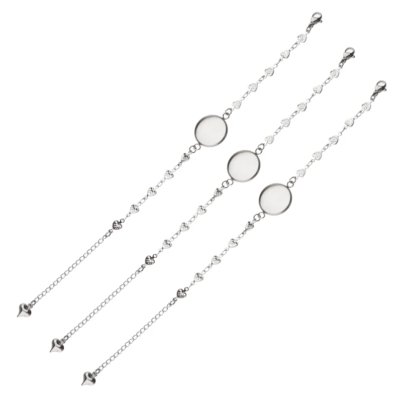 5pcs Stainless Steel Round Blank Bezel Tray with 21.5mm Length Chain Bracelet Base For DIY Jewelry Making Bangle Accessories