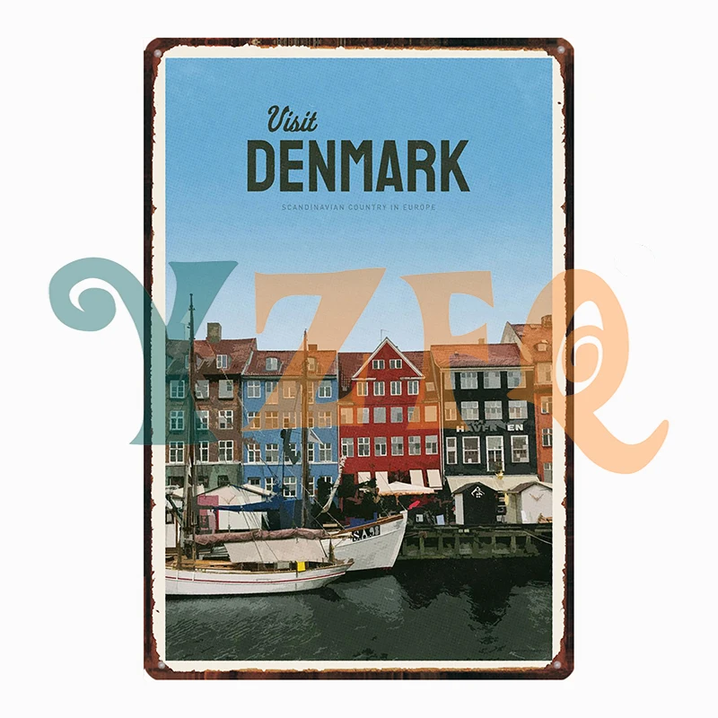 Vintage City Travel Posters DENMARK BONDI FLORIDA CHILE Tin Metal Plate Bar Cafe Living Room Decoration Gft Wholesale DU-12800A