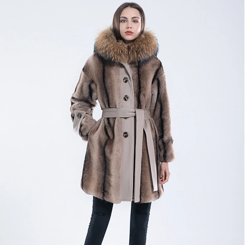 

2022 winter new coat long imitation mink fur pie overcoming women's loose large size long-sleeved coat raccoon fur collar fur co