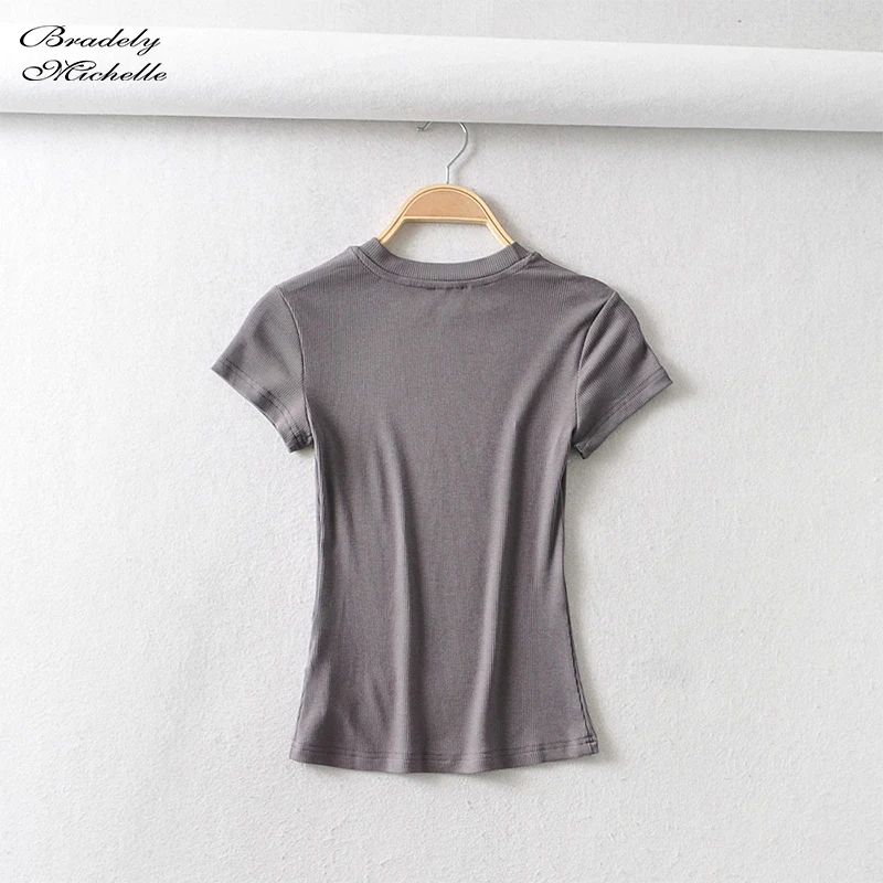 BRADELY MICHELLE Summer Women Basic O-neck Short-sleeve T-shirt Slim Elastic Basic Tees