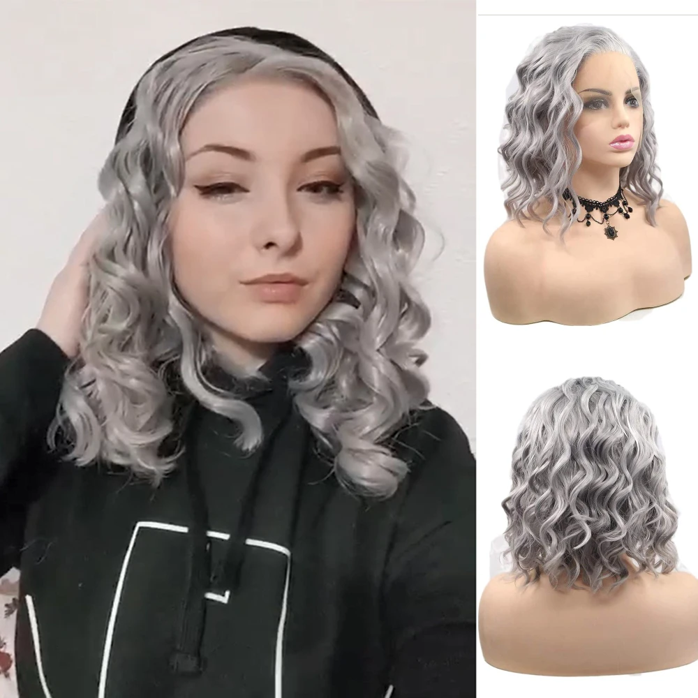 

Beach Wave Grey Short Bob Hair Synthetic Lace Front Wig Side Parting Silver Gray Short Wavy Bob Wigs for Women