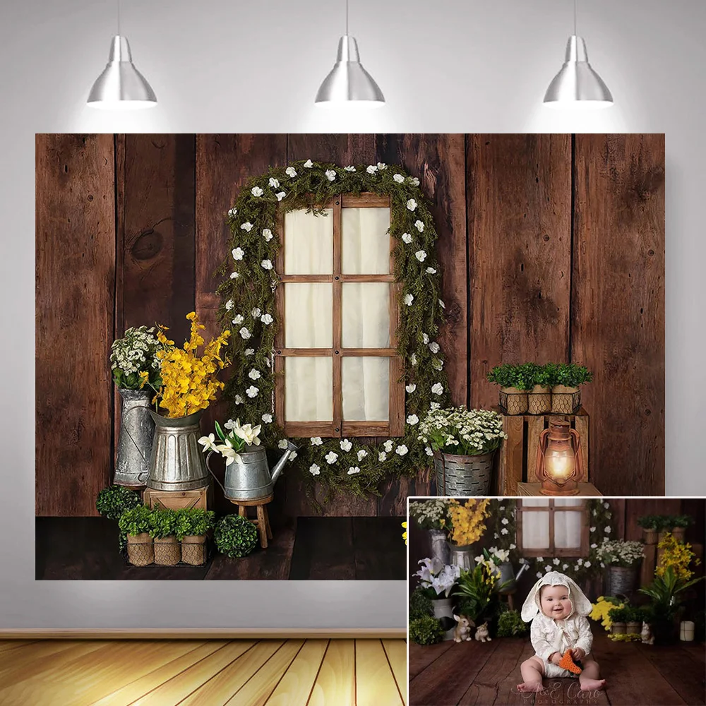 Spring Theme Vintage Wooden Backdrop Photography Fotografia Green Wreath Flowers Newborn Portrait Photo Background Oil Lamp