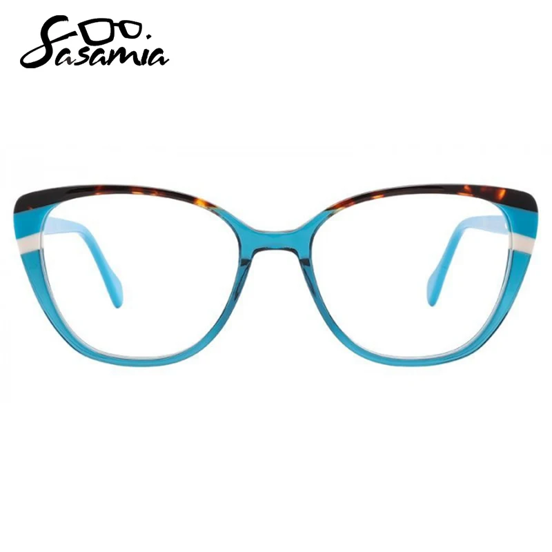 SASAMIA Acetate Glasses Patchwork Glasses Luxury Fashion Female Glasses Tortoise/Teal Crystal Color Optical Glasses for Woman