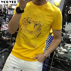 メンズTシャツ,タイガーヘッドドレス,ラインストーン付き,トレンディ,ラウンドネック,スリム,高品質,コットン,半袖