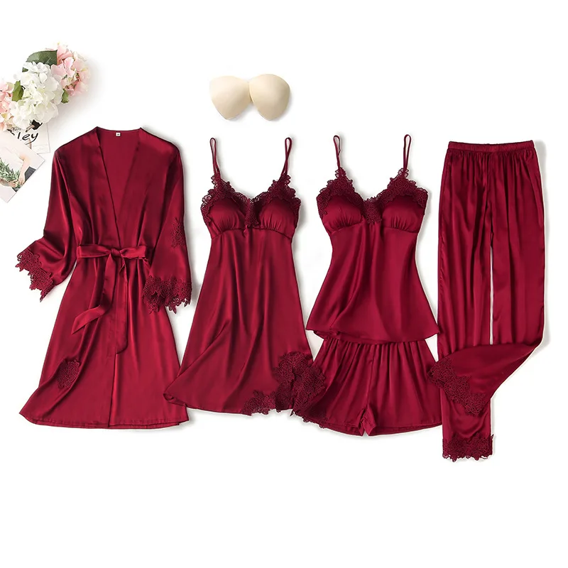 Women Satin Sleepwear 5Pcs Suit Autumn Lace Trim Pajama Pyjama Set Summer New Nightwear Casual Home Wear Lingerie Suit