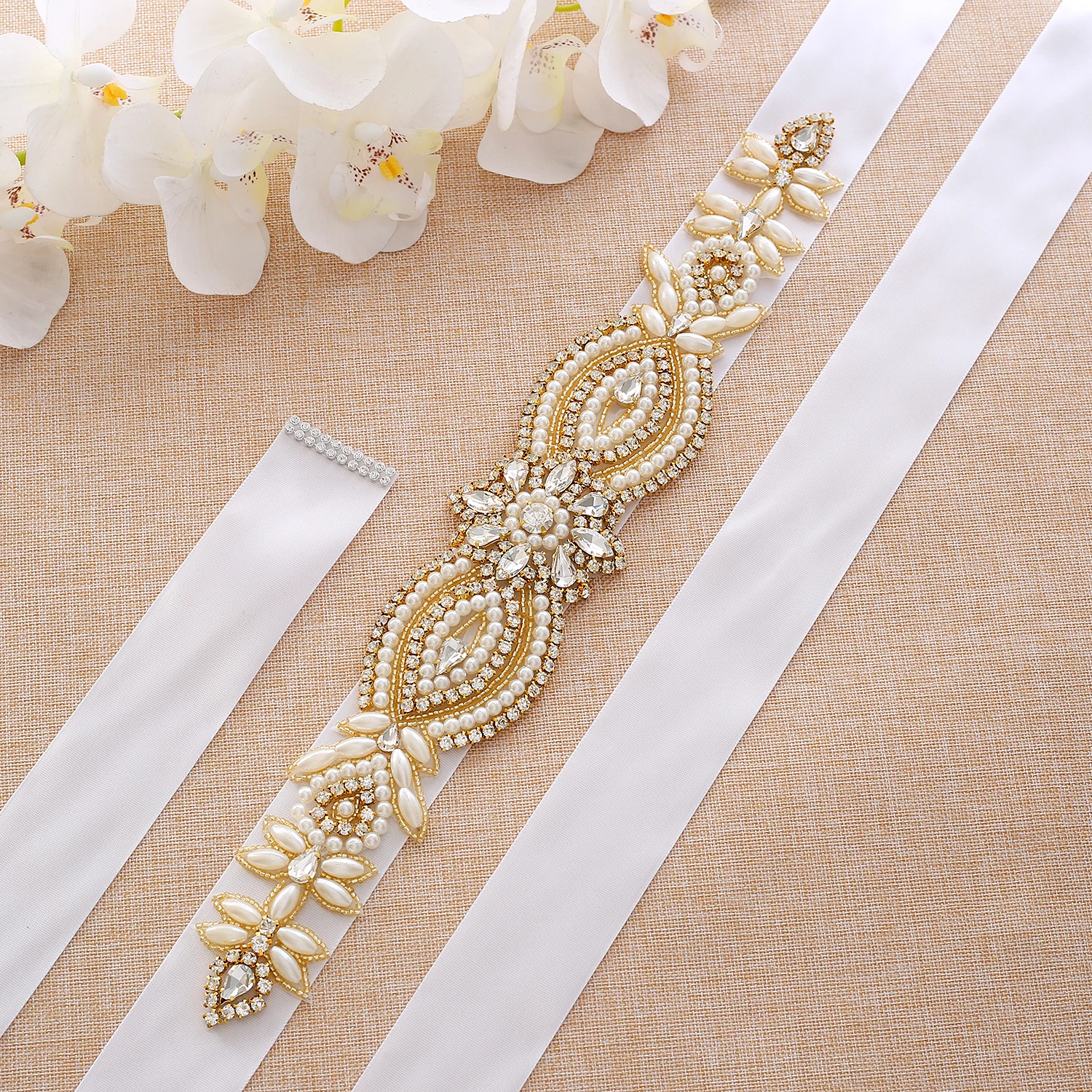 SESTHFAR Gold Crystal Wedding Sash Rhinestones Wedding Belt Handmade Pearls Bridal Belt For Bridal Bridesmaid Dresses