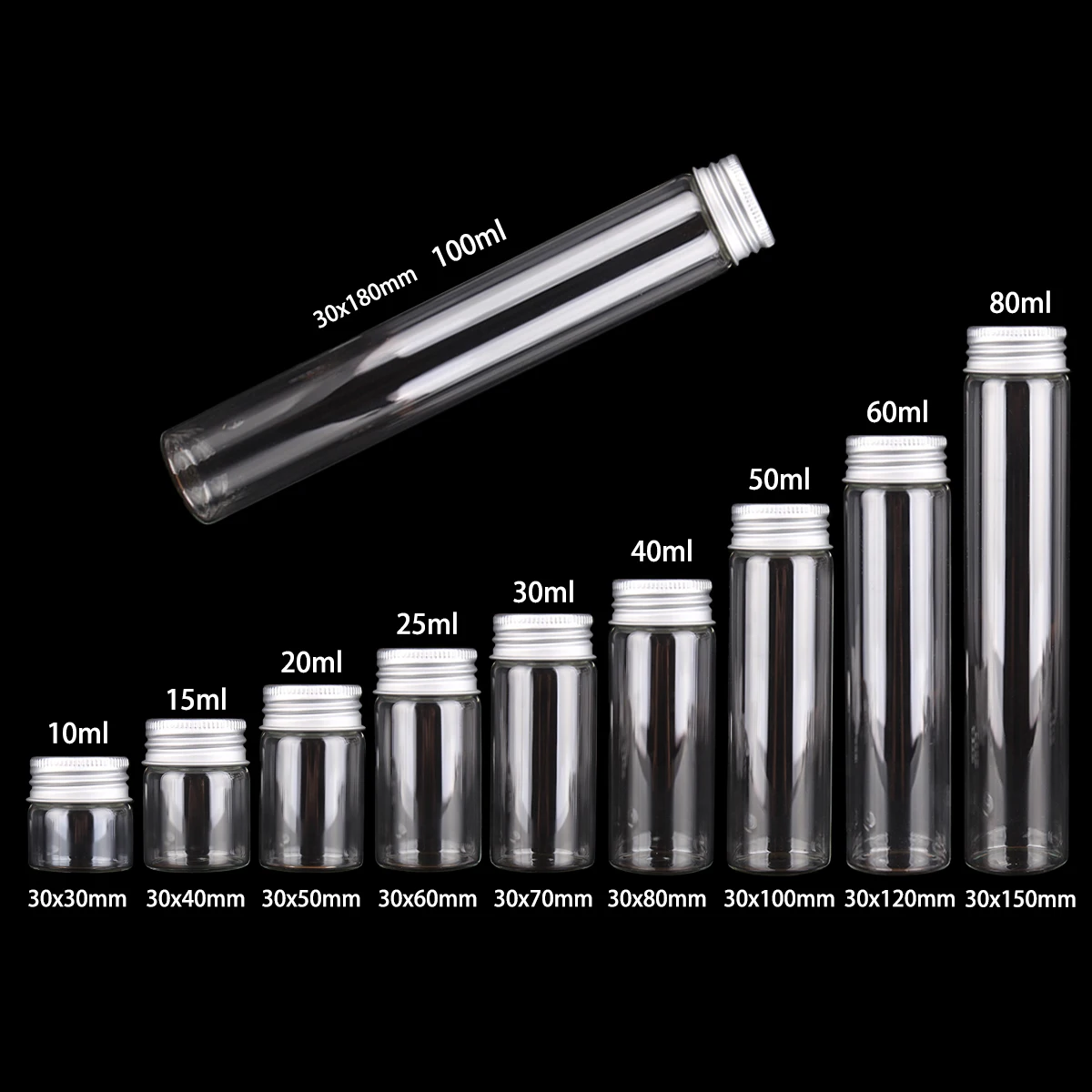 12szt 10ml 15ml 20ml 25ml 30ml 40ml 50ml 60ml 80ml 100ml Szklane butelki z aluminiowymi nakrętkami Pusta szklana butelka na przyprawy do rzemiosła artystycznego
