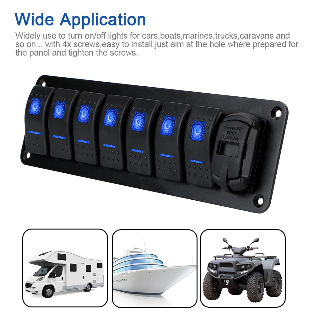 7 Gang Rocker Switch Panel DC 12V/24V Digital Voltmeter Car Truck Bus Ship Marine Circuit Breaker Dual USB Chargers