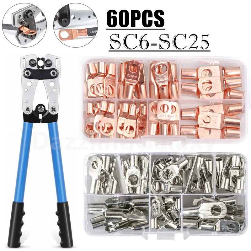 

60pcs Assortment Car Auto Copper Ring Terminals HX-50B Connector Crimper Tools Cable Lugs Hex Crimping Cutter Pliers