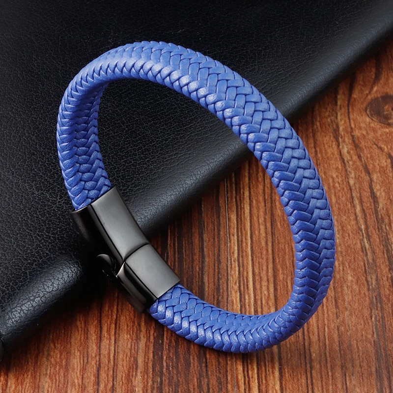 New Free Custom Name Blue/red leather Simple Charm Business Men Stainless Steel Leather Braided Bracelet Bagnet Lock Bangle