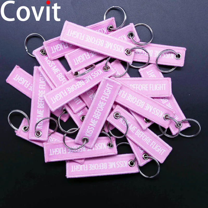 20Pcs/Lot 7.7*2cm Pilot Keychains Aviation Gift KISS ME BEFORE FLIGHT Warning Men Pendant Duplex Woven Label Women Car Key Ring