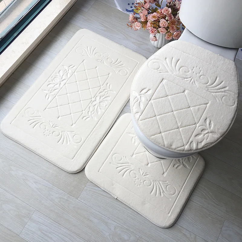 3D Embossed Bathroom Carpet Set, Bathroom Floor Rug, Flannel Toilet Mat with Lid Cover, Non-Slip U-shape Bath Mat Set, 3 Pcs