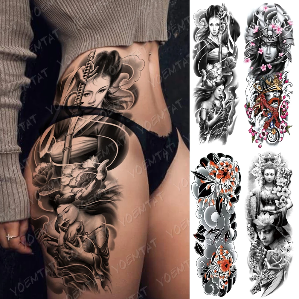 Tatuaje de manga de brazo grande para mujer, calcomanía de pistola temporal impermeable, arte corporal de castidad, Geisha, Samurai