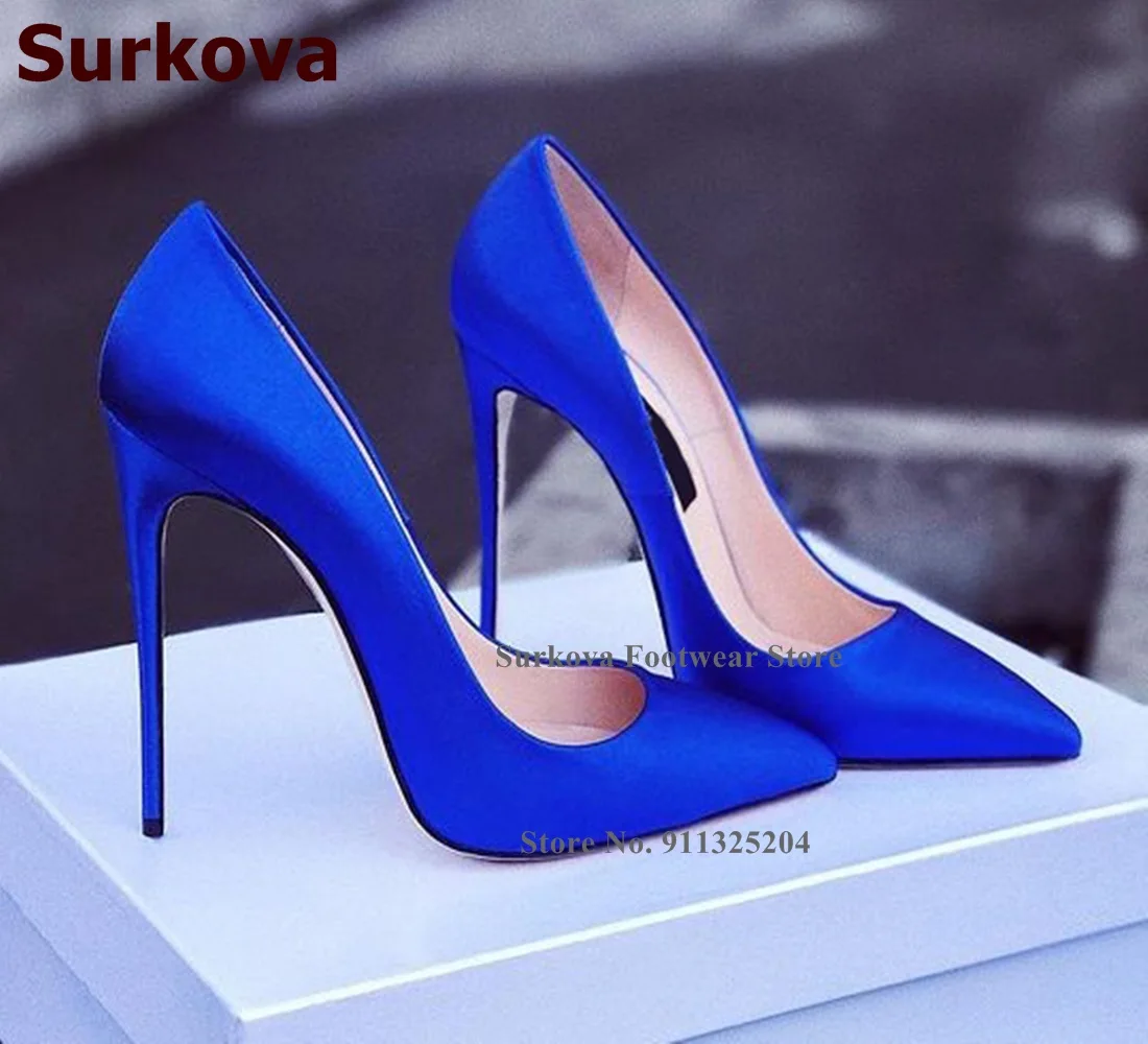 Surkova Sexy Satin Fabric 12cm High Heel Shoes Women Pointed Toe Slip-on Shallow Dress Pumps Silk Cloth Banquet Pumps Size45