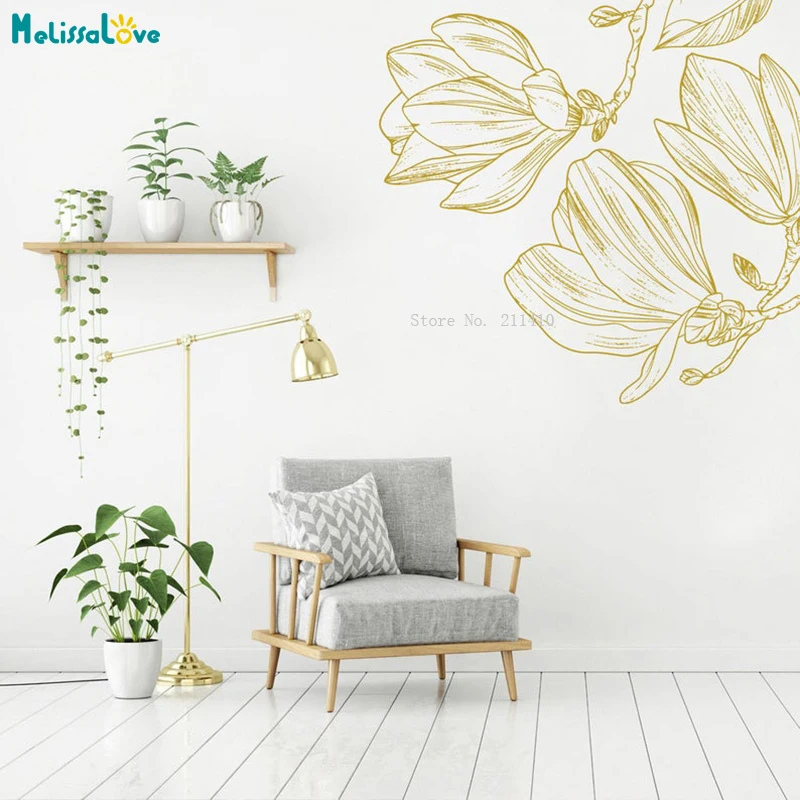 Magnolia Flowers Corner Floral Wall Sticker Home Nature Decor Minimalist Outlines Decals Office Study YT5986