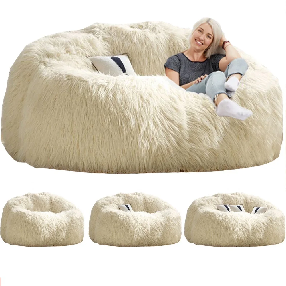 extra large size shaggy fur white bean bag sofa lounger, relax portable living room beanbag chair