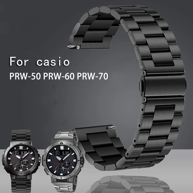 For Casio PROTREK mountain Climbing series PRW-60/PRW-70/PRW-50Y Stainless steel metal watch strap 23mmBlack silver watch band