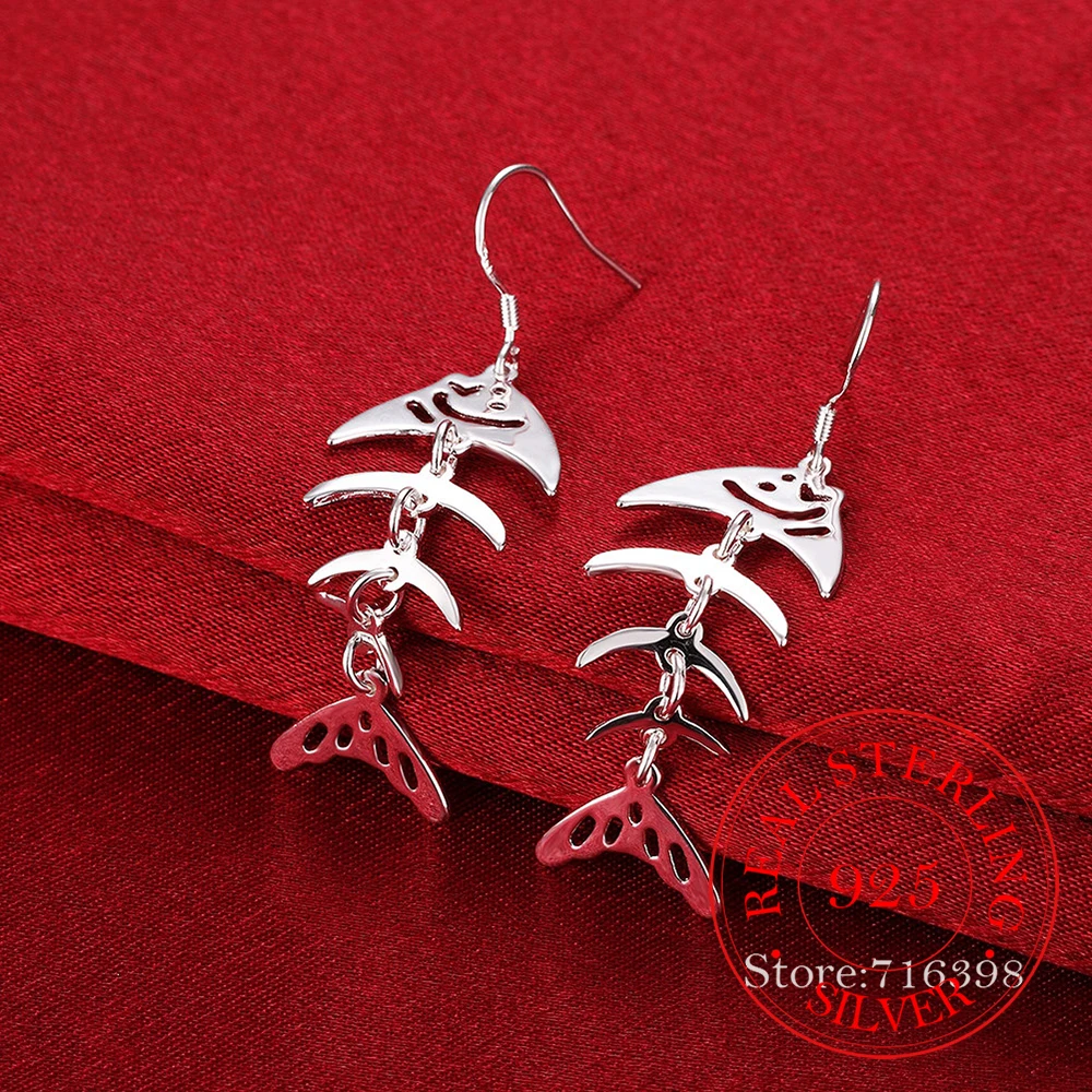 2021 Trend 925 Sterling Silver Earrings for Women Fashion Fish Skeleton Long Drop Earring Hanging Jewelry brincos feminino