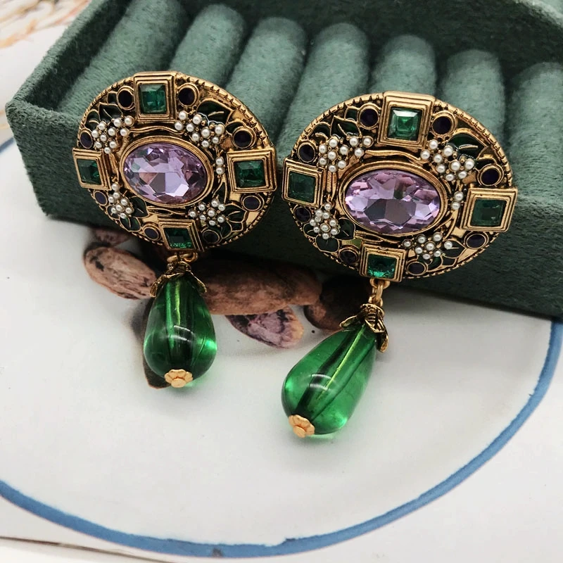 Ethnic Stud Earrings Exaggerate Statement Green Teardrop Pendant Piercing Jewelry Vintage Accessories