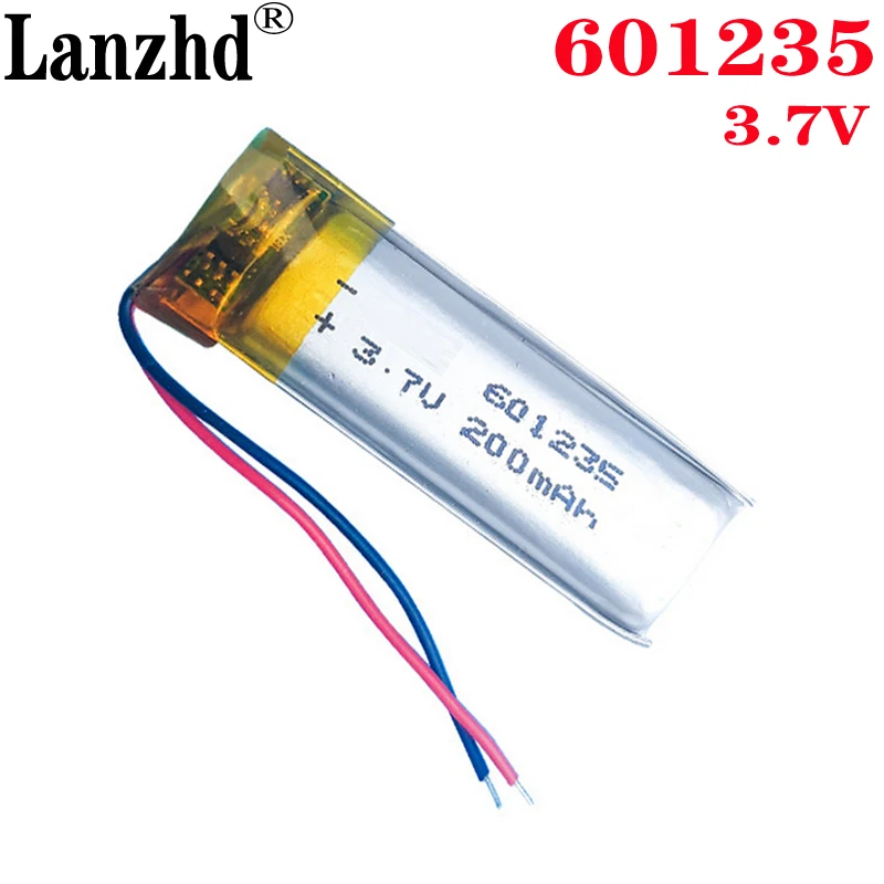 

100pcs 3.7V 200mAh 601235 Lithium Polymer Battery For Mp3 Mp4 GPS Headphone Headset LED light Driving recorder Li-Po cells