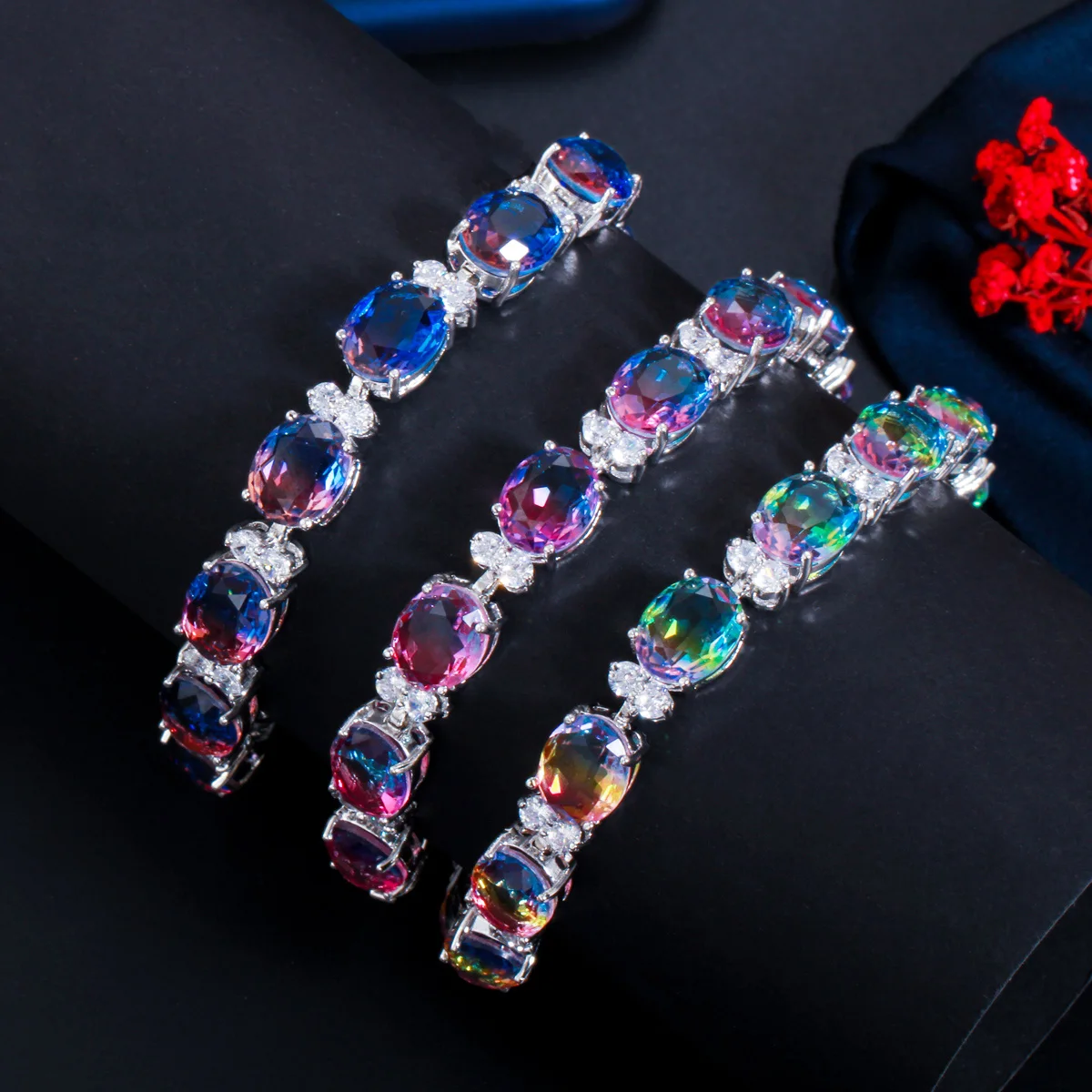 CWWZircons Elegant Big Oval Blue Rainbow Fire Cubic Zirconia Stone Tennis Bracelets for Women Party Wedding Jewelry Gift CB247