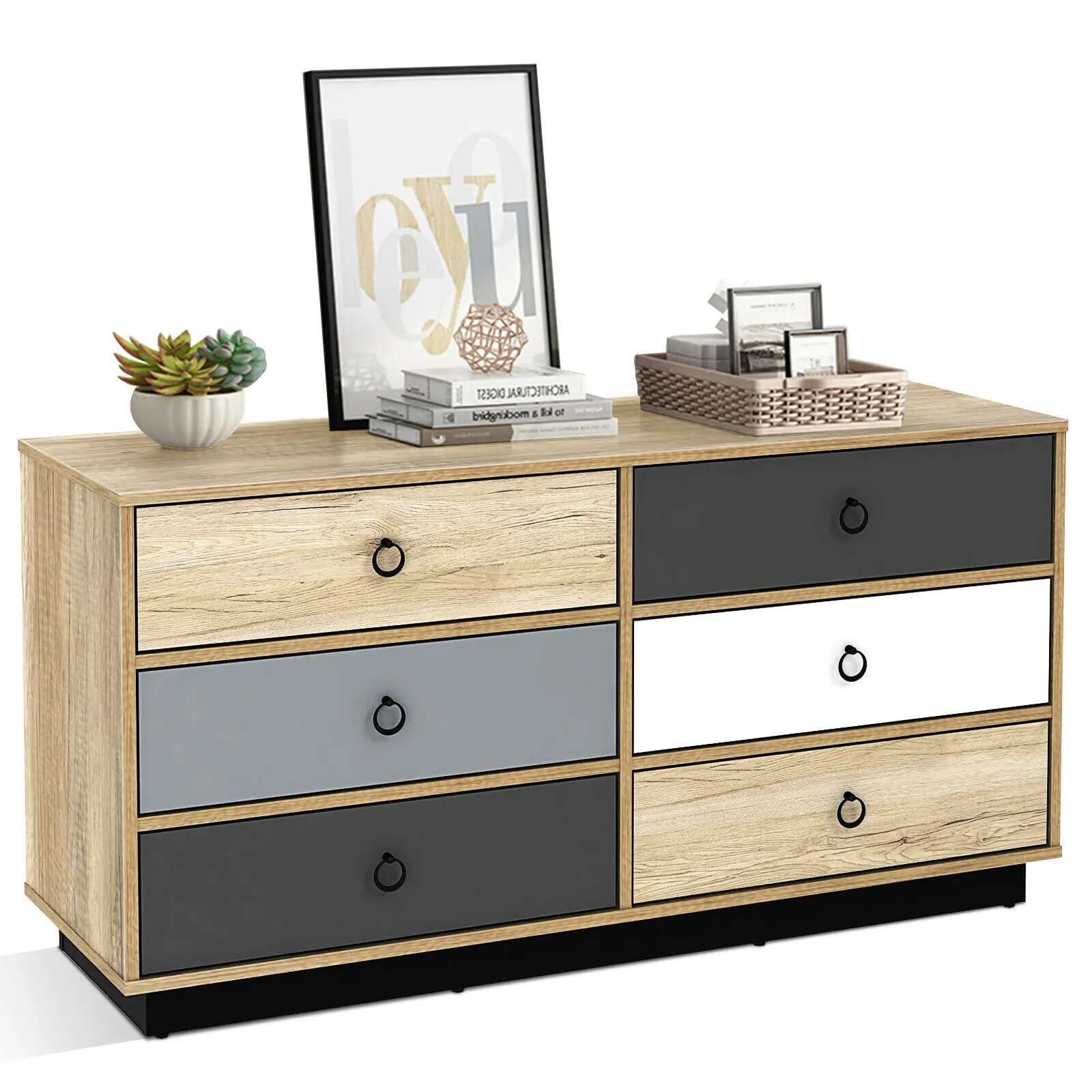 6 Drawer Double Dresser Accent Storage Tower for Bedroom Hallway Entryway