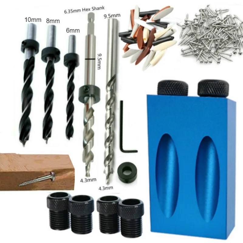 Woodworking Pocket Hole Jig Kit 6/8/10mm Angle Drill Guide Set Hole Puncher Locator Jig Drill Bit Set DIY Carpentry Tools kits