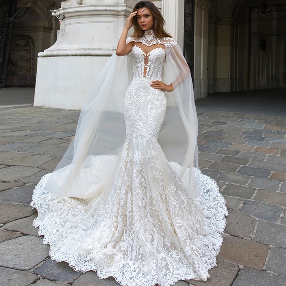 Lhuilier Customized Mermaid Lace Wedding Dresses Illusion Scoop Neck Lace Appliques Chapel Train Bridal Gown with Cape