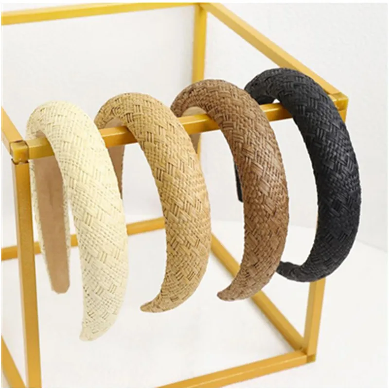 Summer Travelling Solid Rattan Headband Padded for Women Fashion Headwear Thick Straw Woven Hairbands Plain Head Band