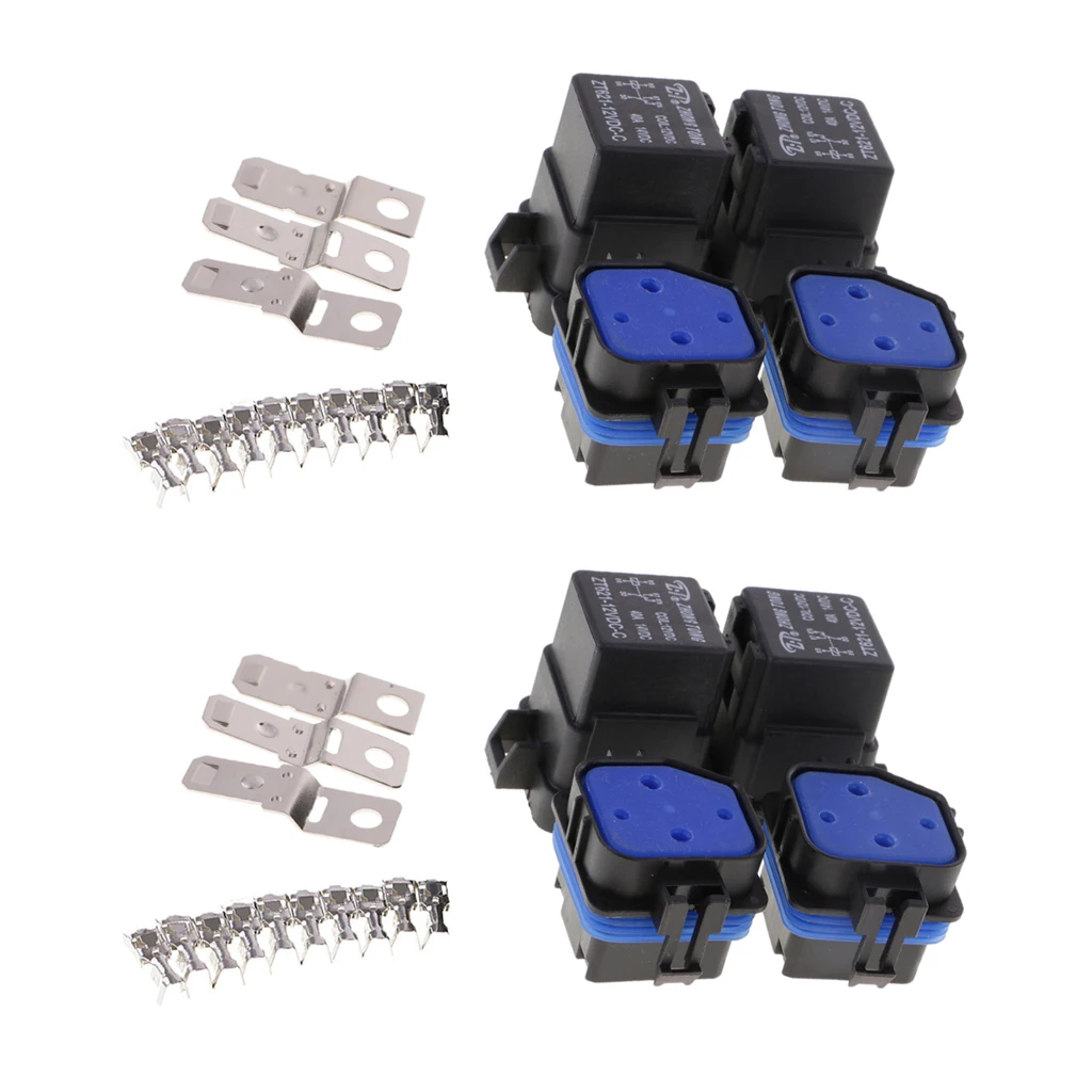 4 Sets 12V 40A AMP 5 Pin Relay and Relay Holder Socket Integrated +Terminals